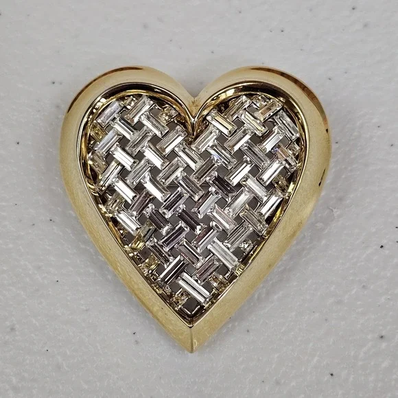 Nolan Miller Heart Brooch Baguette Rhinestone Woven Look Gold Tone Love - Picture 1 of 6
